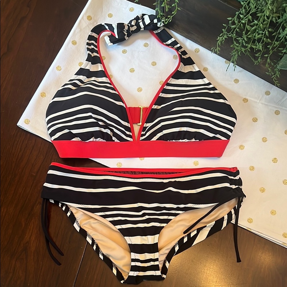 Lands' End Black and White Stripe with Red Trim Bathing Suit